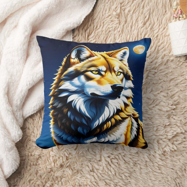 Coussin Loup Majestueux Sous Le Feu De La Lune. (Couverture)