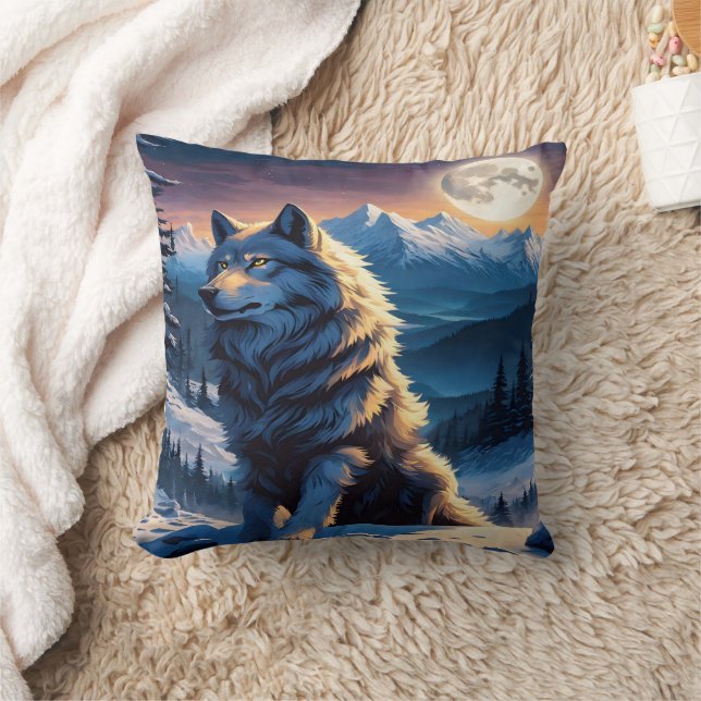 Coussin Loup Majestueux Sous Les Pics Lune. (Couverture)