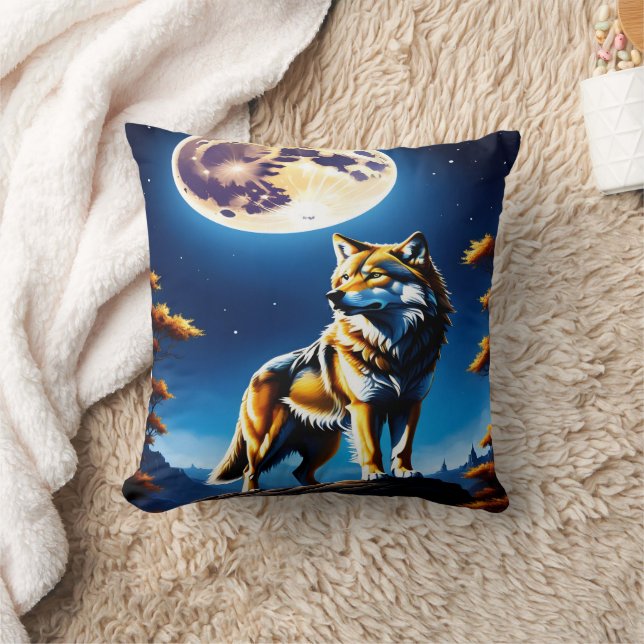 Coussin Loup majestueux sous Pleine lune brillante (Couverture)