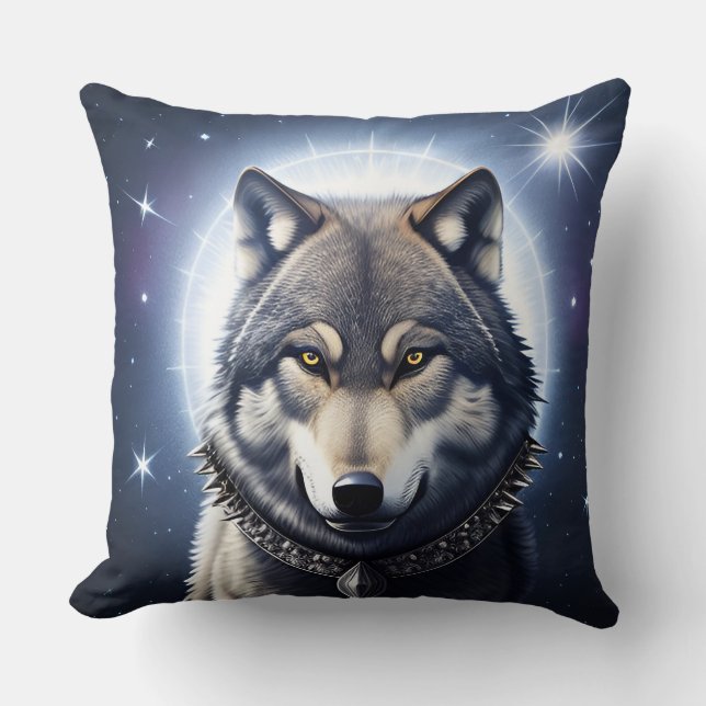 Coussin Loup Majestueux Sous un Ciel Étoilé (Recto)