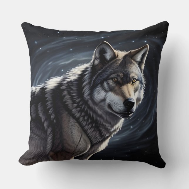 Coussin Loup Majestueux Sous un Ciel Étoilé (Recto)