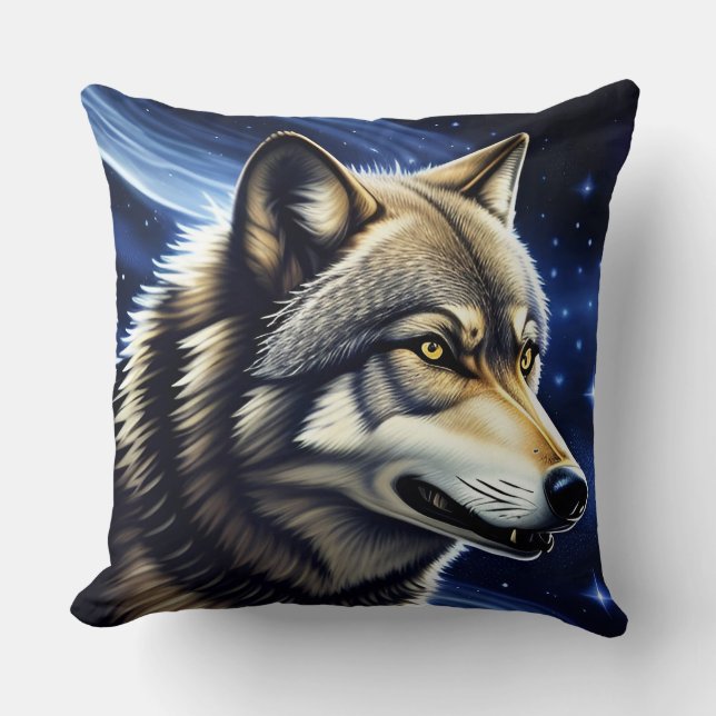 Coussin Loup majestueux sous un ciel étoilé (Recto)
