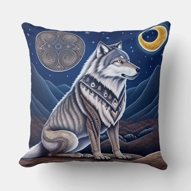 Coussin Loup Majestueux Sous un Ciel Étoilé (Recto)