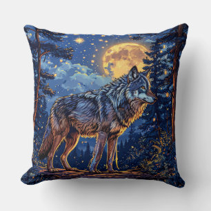Coussin Loup Mystique Sous La Lune 🌕🐺 Nuit de la Forêt E