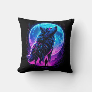 Coussin Loup néon cyberpunk vibrant