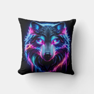 Coussin Loup Néon Yeux Lumineux Animal Futuriste Cyberpunk
