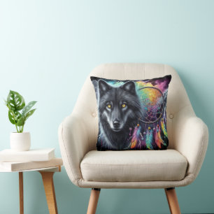 Coussin Loup noir avec un catcheur de rêves