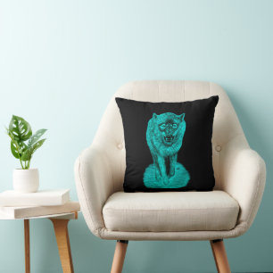 Coussin Loup noir en colère dans la nuit