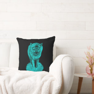 Coussin Loup noir en colère dans la nuit