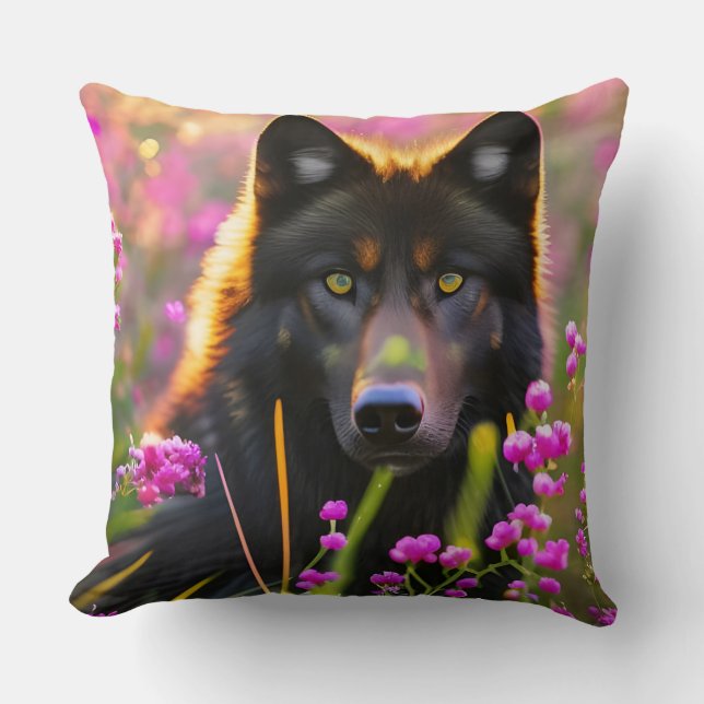 Coussin Loup noir en fleurs roses (Recto)