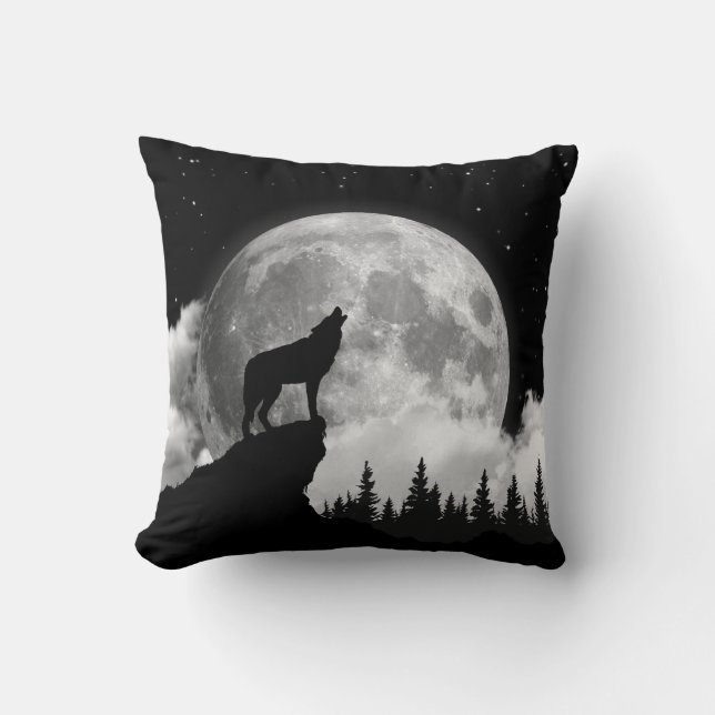 Coussin Loup noir et blanc hurlant sur la lune (Recto)