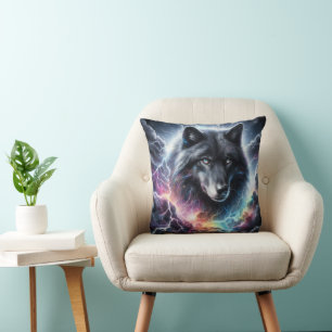 Coussin Loup noir tempête éclair ciel faune