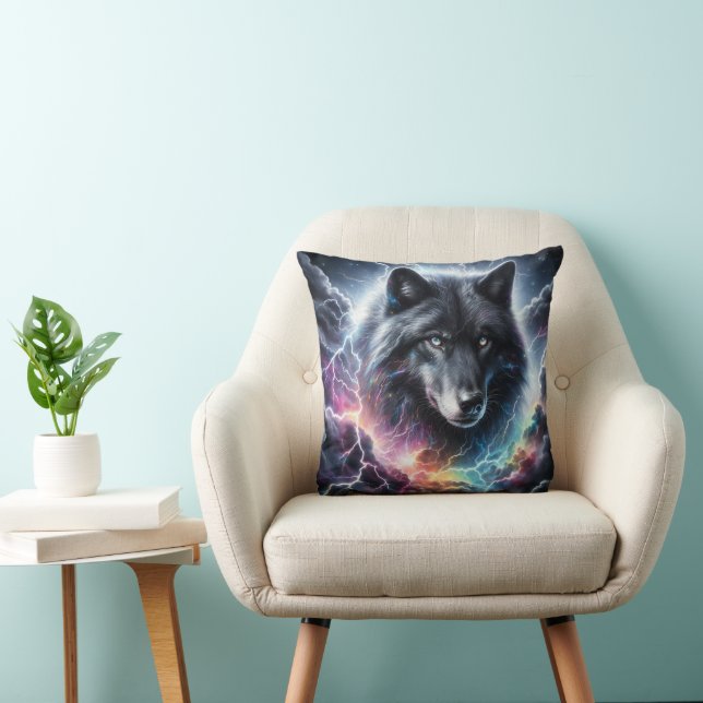 Coussin Loup noir tempête éclair ciel faune (Chaise)