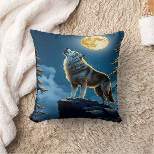 Coussin Loup Solitaire Qui Hurle Sous Une Pleine lune