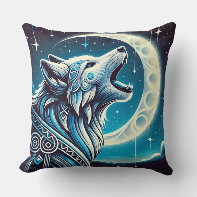 Coussin Loup sous le croissant de lune la nuit (Recto)