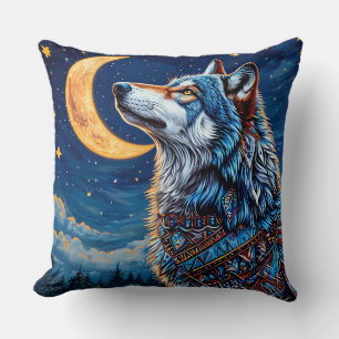 Coussin Loup sous le croissant de lune la nuit