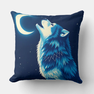 Coussin Loup sous le croissant de lune la nuit