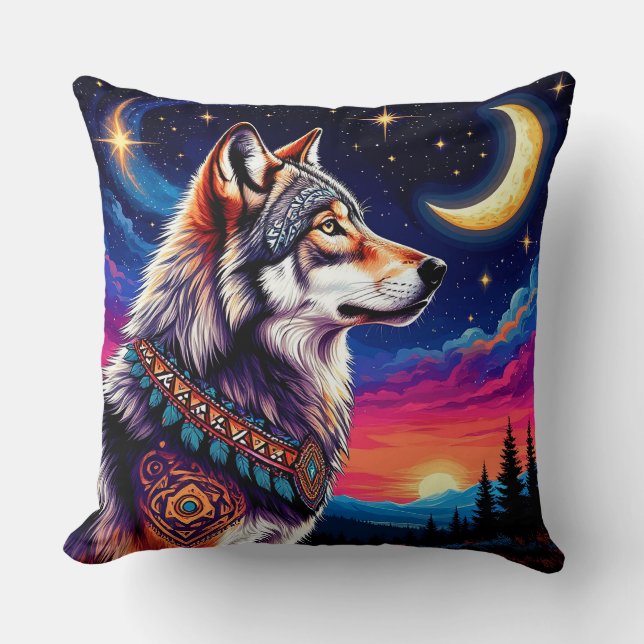 Coussin Loup sous le croissant de lune la nuit (Recto)