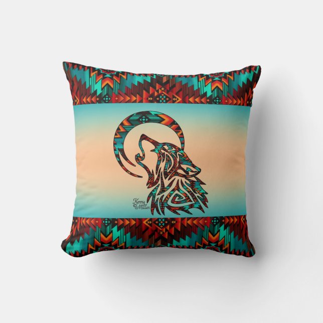 Coussin Loup Tribal hurlant À La Lune Jette De L'Oreiller (Recto)