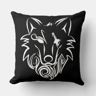 Coussin Loup tribal noir et blanc