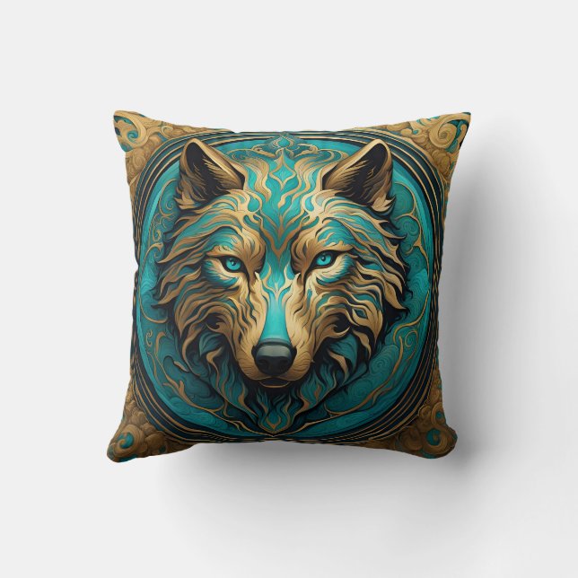 Coussin Loup Turquoise et Or (Verso)