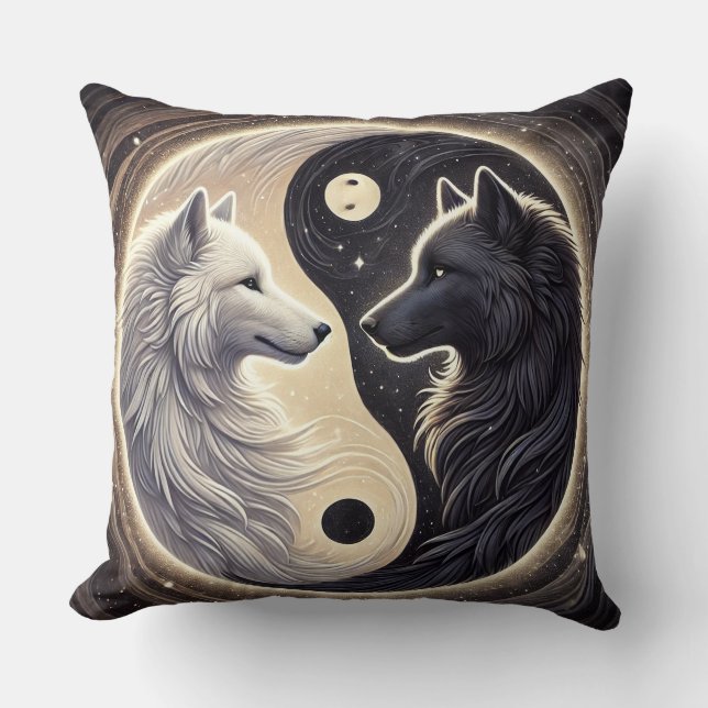 Coussin Loups blancs et noirs représentant le Yin et le Ya (Recto)