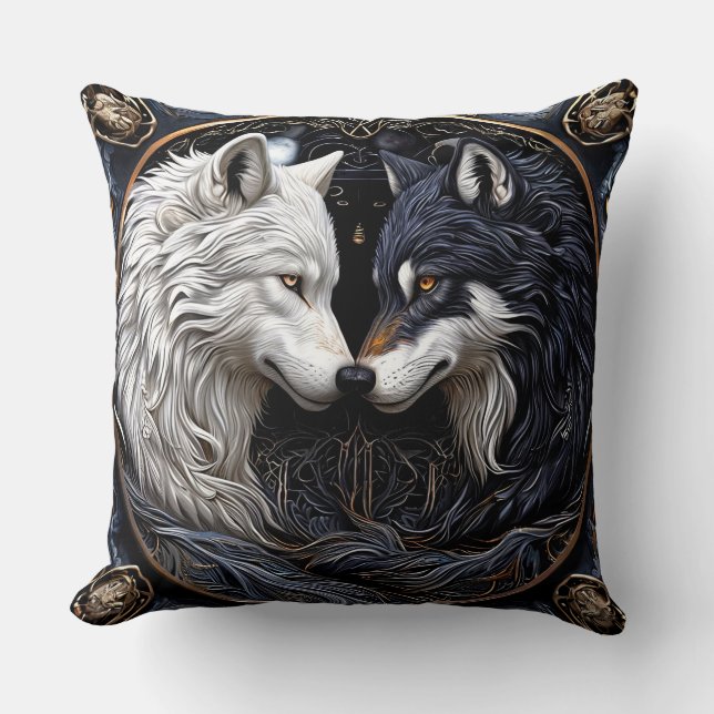Coussin Loups Blancs et Noirs Symbolisant la Dualité (Recto)