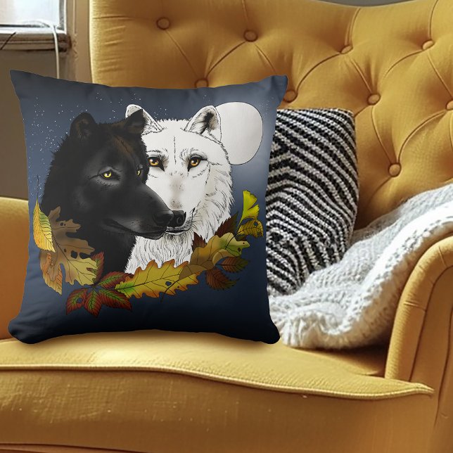 Coussin Loups Blancs Noirs Clair de Lune Feuilles d'Automn (Créateur téléchargé)