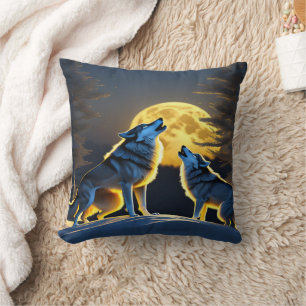 Coussin Loups hurlant Sous Pleine lune.