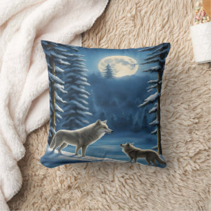 Coussin Loups hurlant Sous Pleine lune.