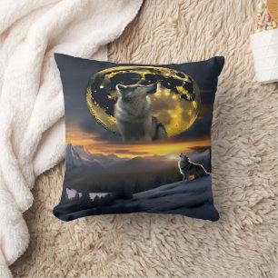 Coussin Loups hurlant sous une lune d'or