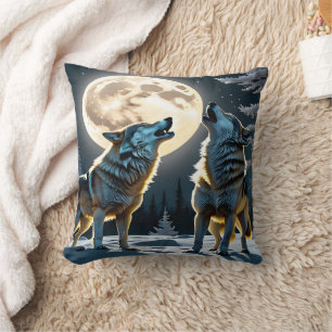 Coussin Loups hurlant sous une Pleine lune en forêt d'hive