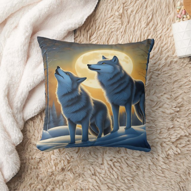 Coussin Loups hurlant sous une Pleine lune en hiver (Couverture)