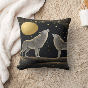 Coussin Loups majestueux hurlant sous la lune de minuit