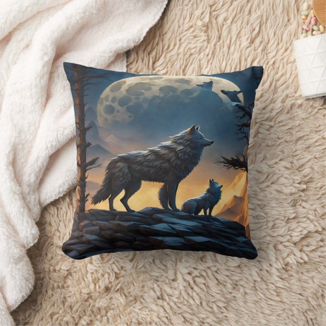 Coussin Loups Majestueux Sous Pleine lune. (Couverture)