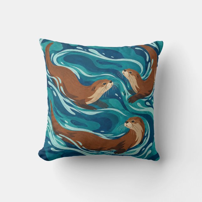 Coussin Loutres des marées dans des courants de sarcelle e (Recto)
