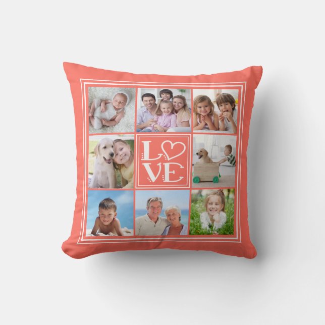 Coussin LOVE Collage 8 photos (couleur solide changeable) (Recto)