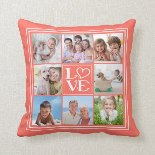 Coussin LOVE Collage 8 photos (couleur solide changeable)