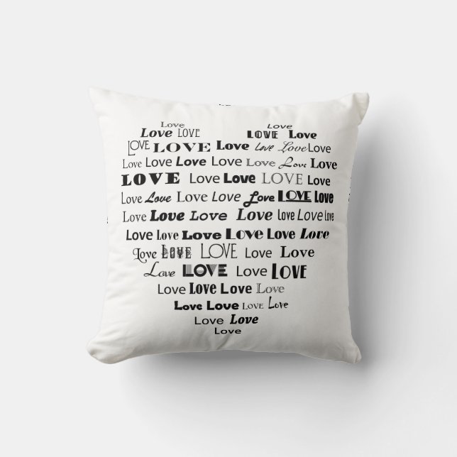 Coussin Love Heart Word Cloud - Noir et Blanc (Recto)