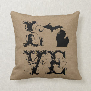 Coussin Love Michigan State rustic chic burlap vintage