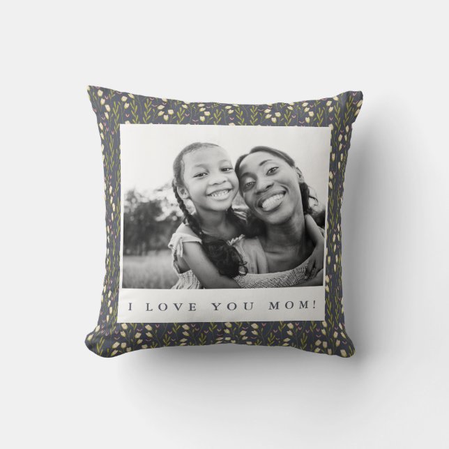 Coussin Love Mom Navy Floral Script Photo Jeu d'oreiller (Recto)