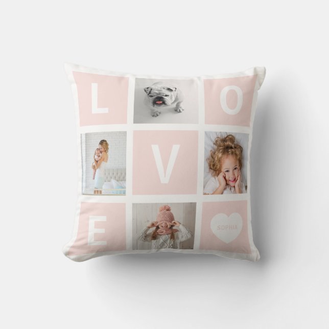 Coussin Love Photo Grid and Heart | Rose pâle (Recto)