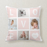 Coussin Love Photo Grid and Heart | Rose pâle<br><div class="desc">Cette coussin élégante et branchée propose des carrés rose vif avec le mot "amour" qui y est écrit,  un coeur blanc avec votre nom,  ainsi qu'une grille photo avec quatre de vos photos préférées.</div>