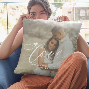 Coussin Love script moderne 2 coeur photo personnalisée