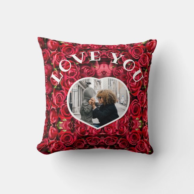 Coussin Love You Heart Photo Red Roses for Mom Grand-mère (Recto)