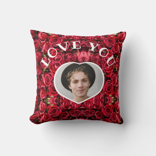 Coussin Love You Heart Photo Red Roses Modern Script migno (Recto)