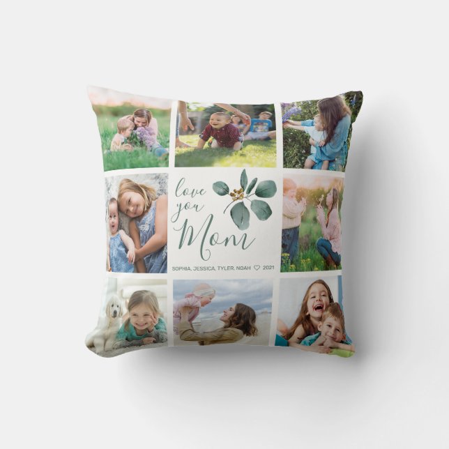 Coussin Love You Mom Family Photo Collage Eucalyptus (Recto)
