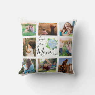Coussin Love You Mom Family Photo Collage Hydrangea Floral