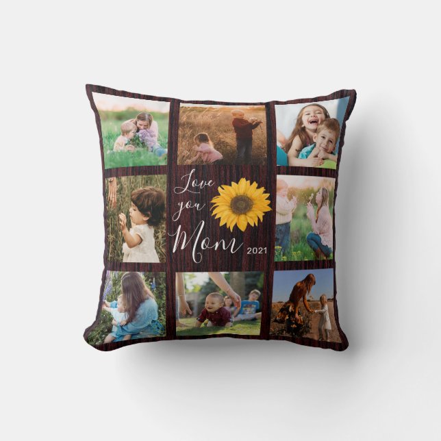 Coussin Love You Mom Family Photo Collage Tournesol Rustiq (Recto)