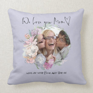 Coussin Love you Mom Script Coeur Photo Florales Nom Lilac